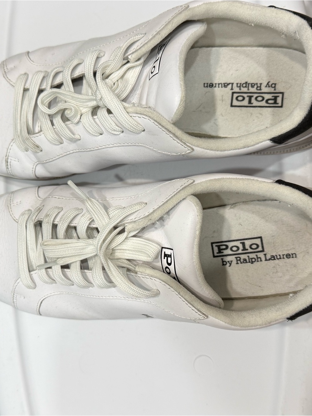 Polo by Ralph Lauren White Leather Low-Top Sneakers with Black Heel Accent